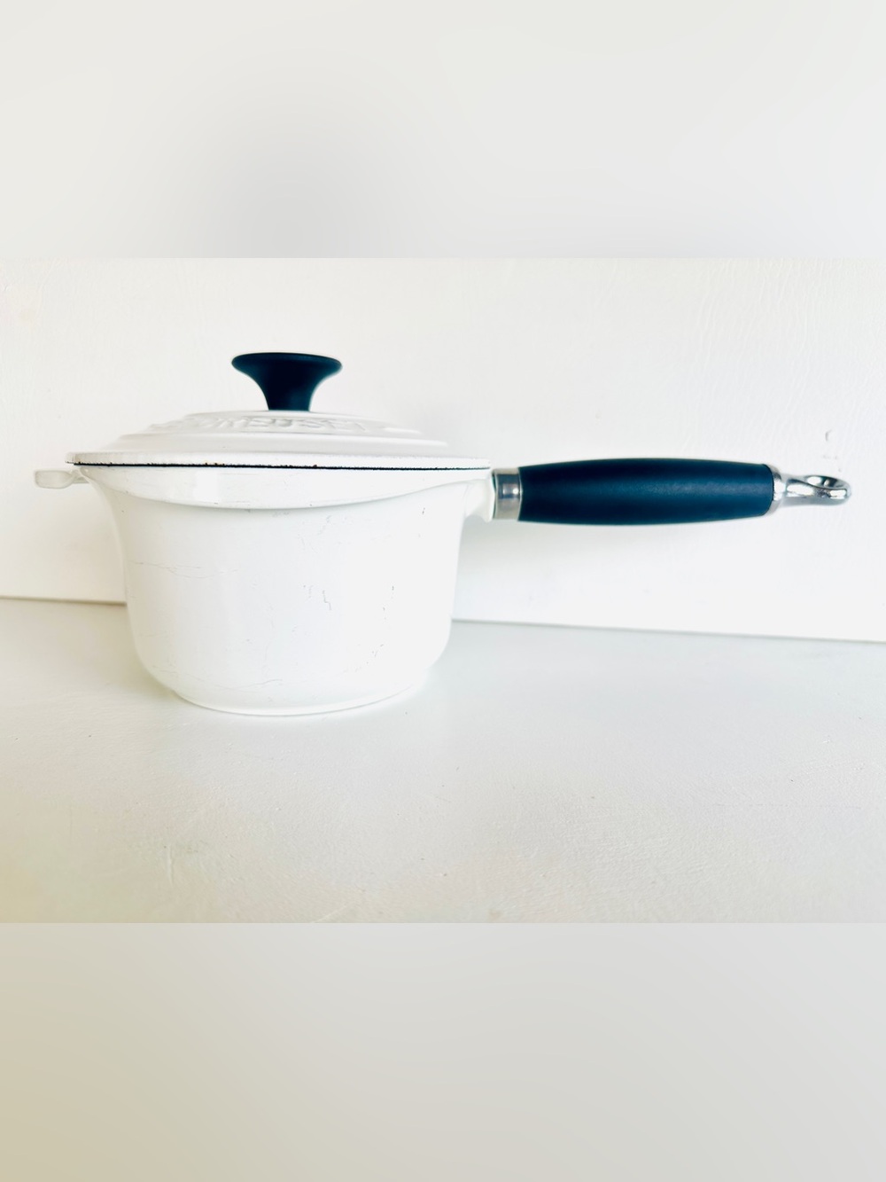 Le Creuset White Saucepan with Black Handle and Knob
